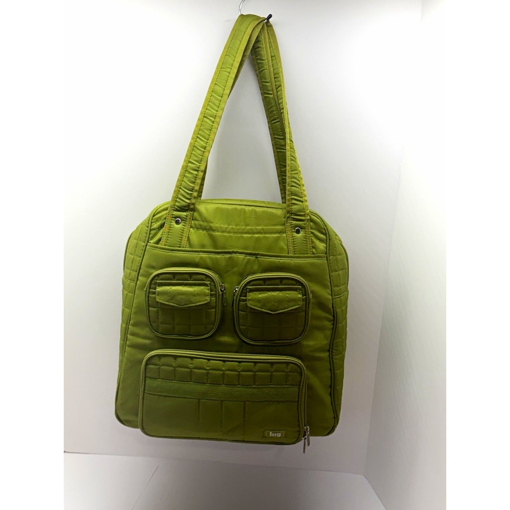 Lug Green Tote Bag Zip Closure Multi-Pocket Lined Bottom Studs Mirror